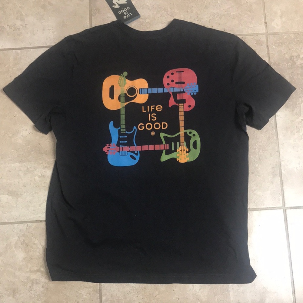 Life Is Good Men’s Black Graphic T-Shirt - Colorful Guitars